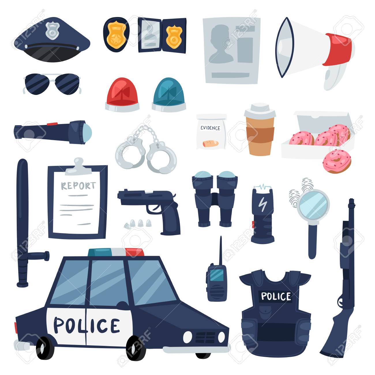Police Vector Policy Signs Of Policeman And Police Car Illustration Set Of Or Police Officers Bulletproof Vest And Handcuffs In Police Office Symbols Isolated On Background Royalty Free Cliparts Vectors And Stock