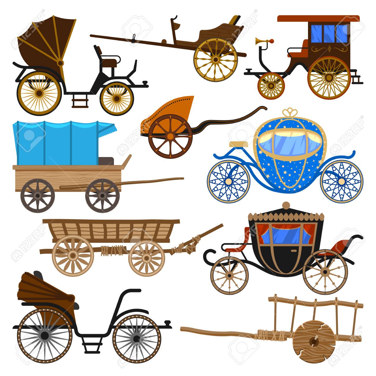 古い車輪とアンティーク輸送イラストとキャリッジベクターヴィンテージ輸送 白い背景に隔離された旅行のための王室のコーチとチャリオットやワゴンのセット の イラスト素材 ベクタ Image