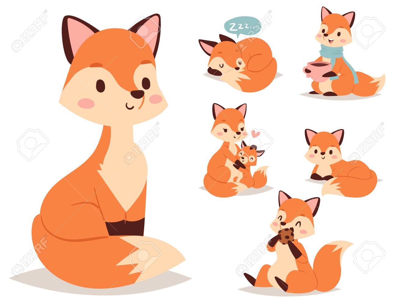 異なるキツネの活動をしているキツネのキャラクター 面白い幸せな自然赤い尾と野生動物オレンジ森動物スタイルグラフィックベクターイラスト のイラスト素材 ベクタ Image 9907