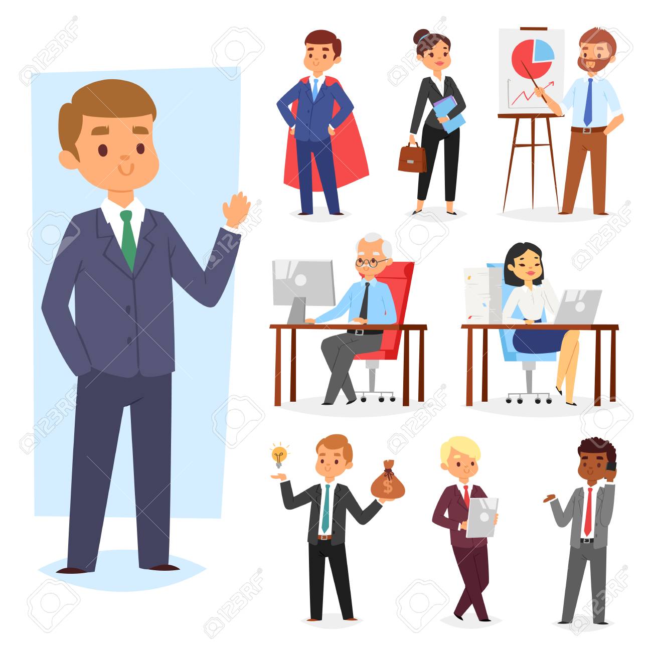 Businessman Vector People Work Place And Business Worker Or Person Working On Laptop At The Table In Office Coworker Or Character Workplace On Computer Illustration Set Isolated On White Background Lizenzfrei Nutzbare