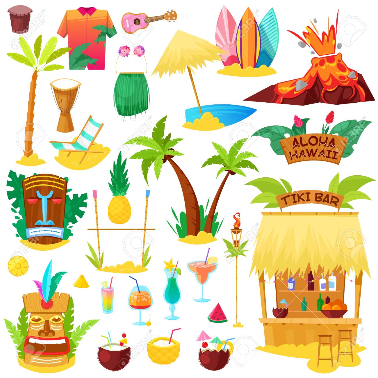Hawaii Vector Hawaiian Beach With Tropical Palm And Sunbed Or Exotic Fruity  Cocktails On Summer Vacation Illustration Set Of Hula Tiki Mask And Surf  Icons Isolated On White Background. Royalty Free SVG,, image size:1300x1300