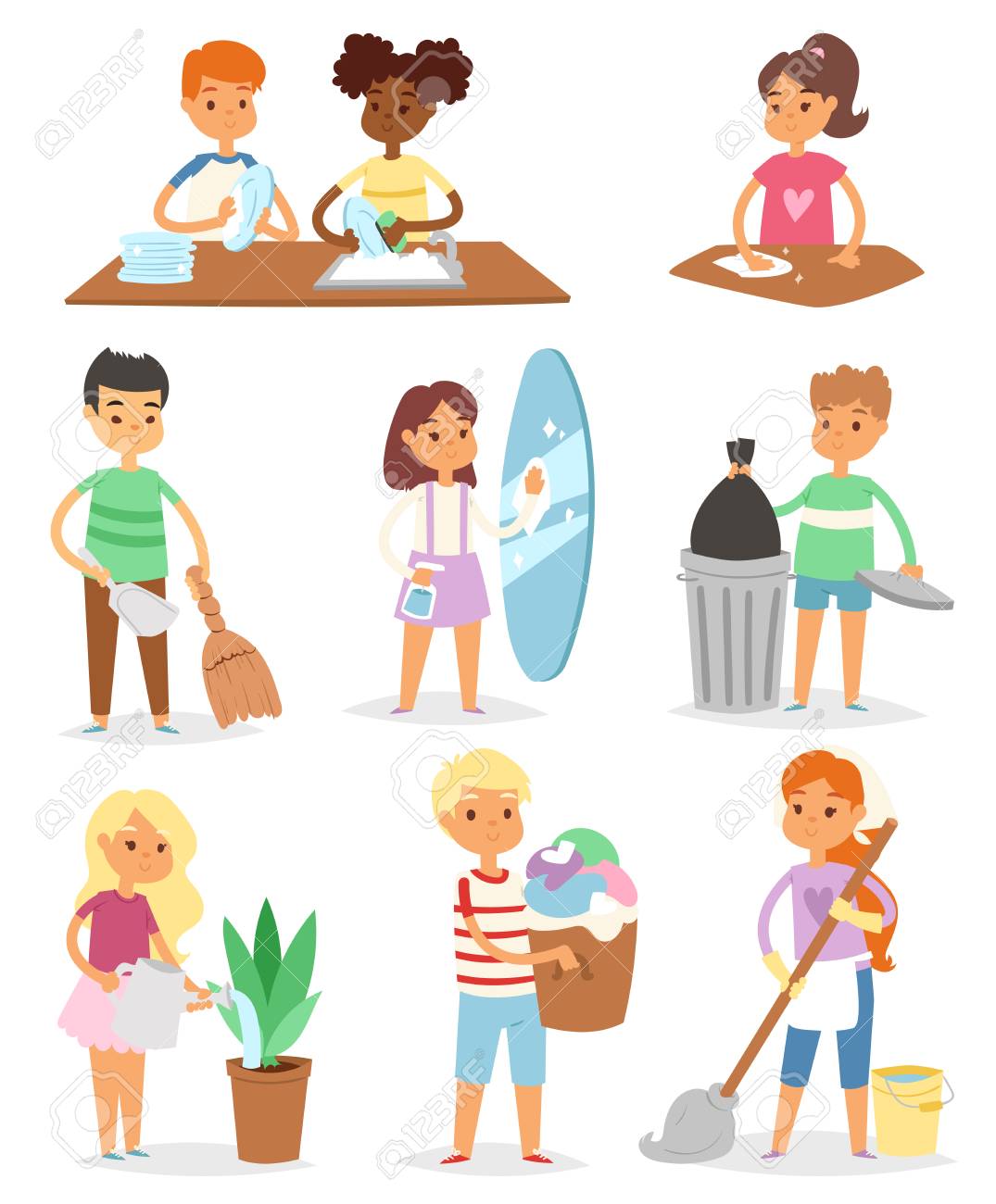 Colorful Cartoon Set With Kids Cleaning Rooms And Helping Their Mums  Housework Characters Clean Up Vector Illustration. Children Family Cleaner  Together Domestic Work Indoors Person. Клипарты, SVG, векторы, и Набор  Иллюстраций Без