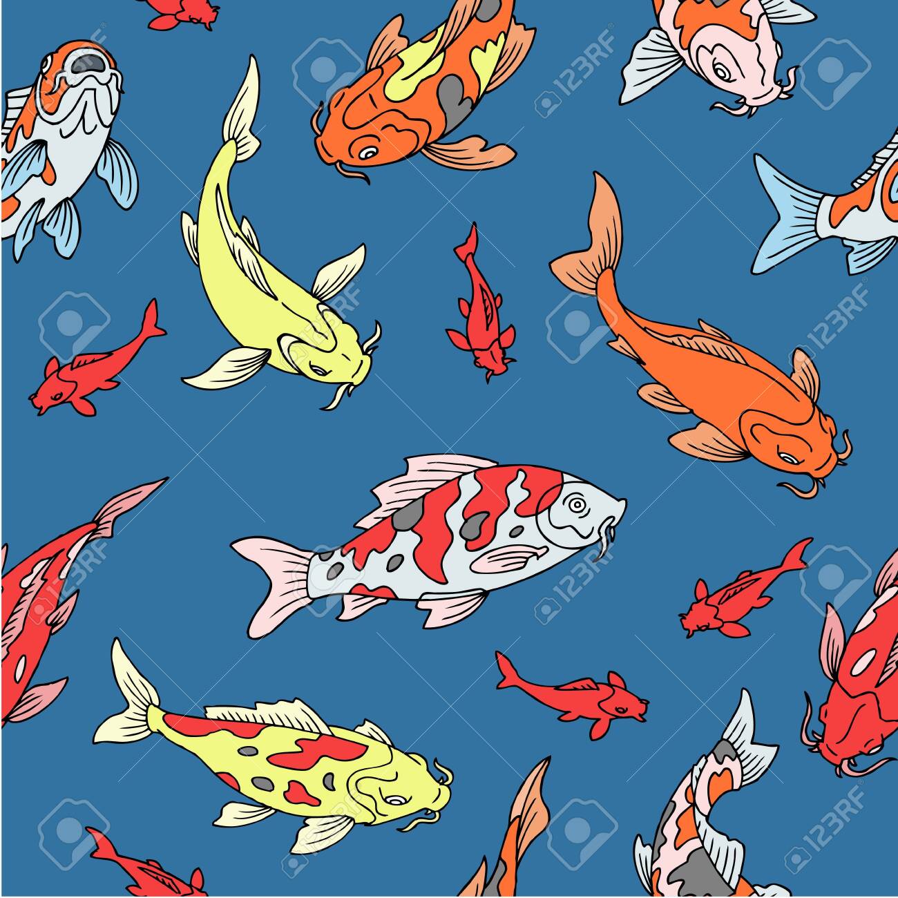 Japanese Carps Koi Seamless Pattern, Fishes Swimming In Blue Pond Water Oriental Cartoon Vector Illustration. Carp Koi In Water Top Viewtraditional Asian Background. Royalty Free SVG, Cliparts, Vectors, And Stock Illustration. Image Japanese Carps Koi Seamless Pattern, Fishes Swimming In Blue Pond Water Oriental Cartoon Vector Illustration. Carp Koi In Water Top Viewtraditional Asian Background. Royalty Free SVG, Cliparts, Vectors, And Stock Illustration. Image