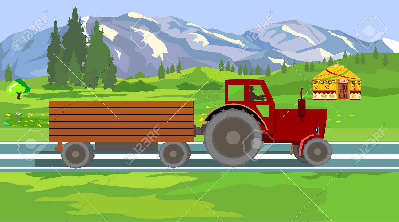 ベクトル ワゴンと緑の野原 背景の木と山の農場トラクターのイラスト カザフスタンの田園地帯のイラスト素材 ベクタ Image