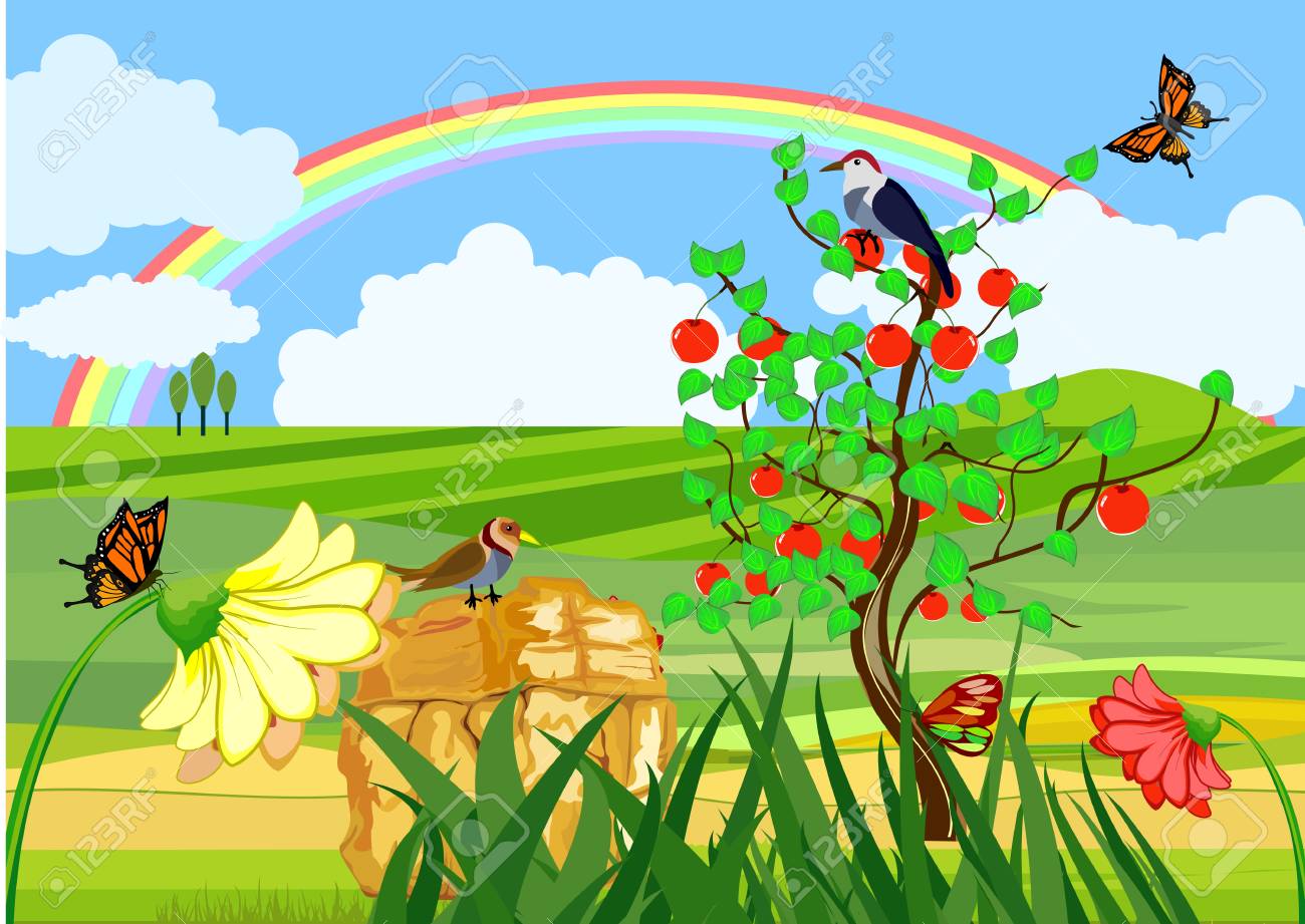 Green Hills Growing Trees Rainbow In The Sky Birds Singing In The Trees Apple Tree Nature Concept Vector Natural Vector Landscape Royalty Free Cliparts Vectors And Stock Illustration Image 99167819
