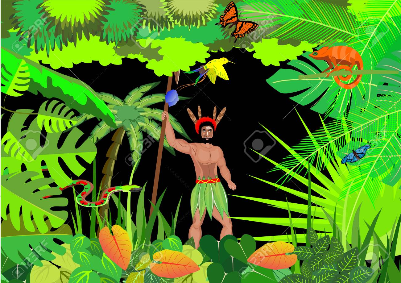 jungle vector scene background wildlife theme chameleon Клипарты