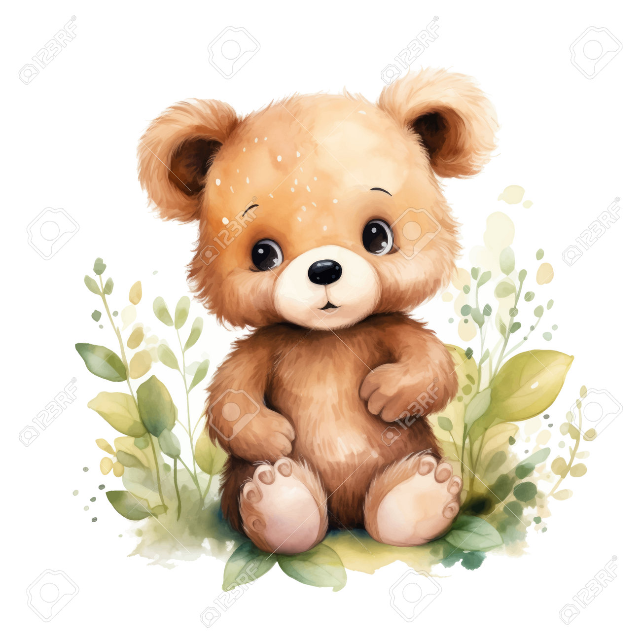 緑の葉を持つかわいいテディベアの水彩イラストのイラスト素材