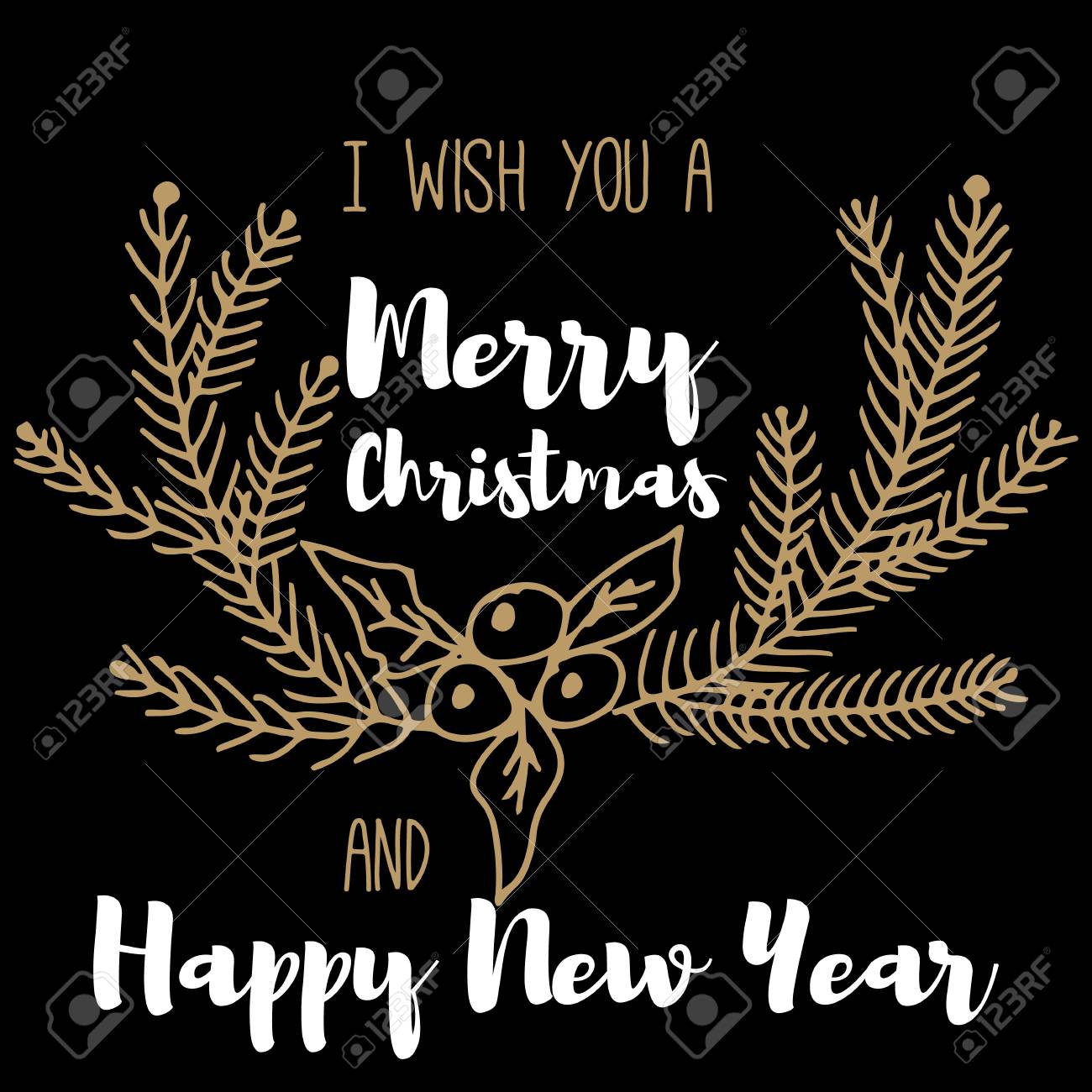 Neues Jahr Und Frohe Weihnachten Postkarte Gold Weiss Schwarz Design Vektor Illustrationen Hand Zeichnen Konzept Lizenzfrei Nutzbare Vektorgrafiken Clip Arts Illustrationen Image
