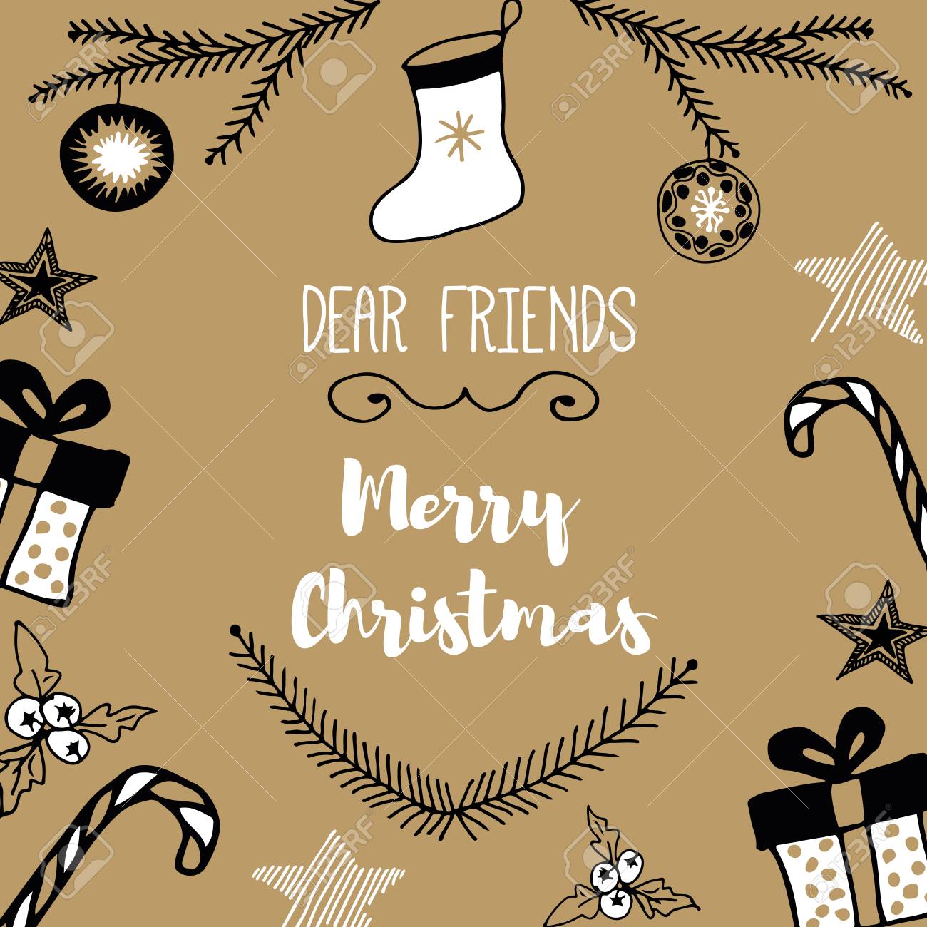 新年とクリスマスのポストカード ゴールド ホワイト ブラックのデザイン ベクトル イラスト 手描きのコンセプトです のイラスト素材 ベクタ Image