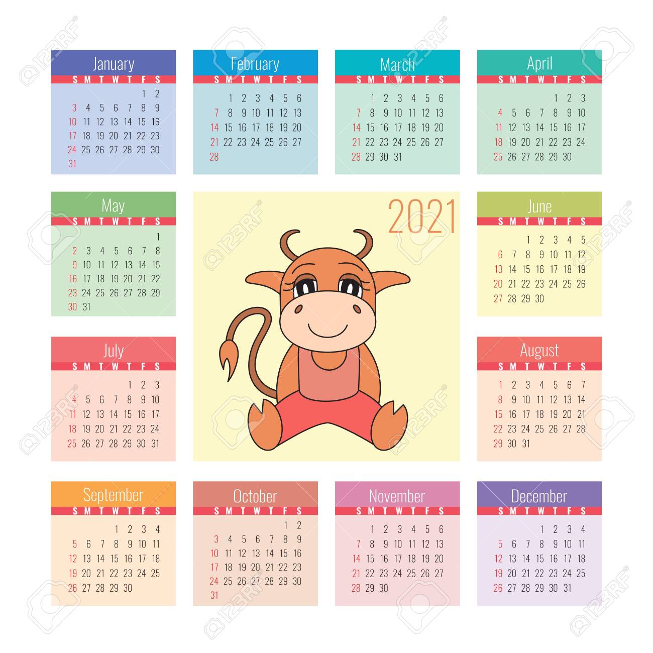Calendar 2021 Ox Symbol Of The New Year Vector Design Template Royalty Free Cliparts Vectors And Stock Illustration Image 143609398
