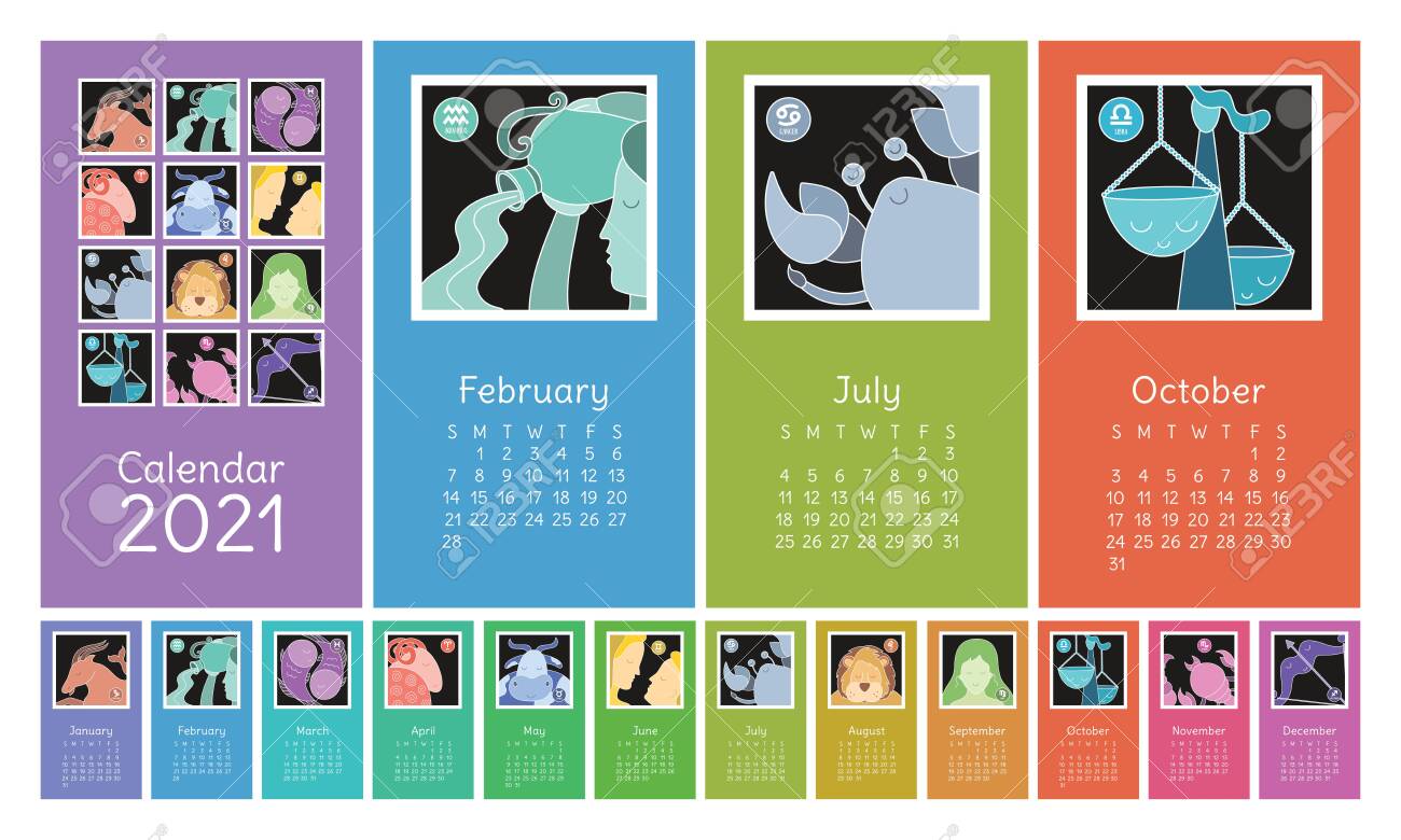 Calendar 2021 Zodiac Signs Aquarius Libra Leo Taurus Cancer Royalty Free Cliparts Vectors And Stock Illustration Image 143676597