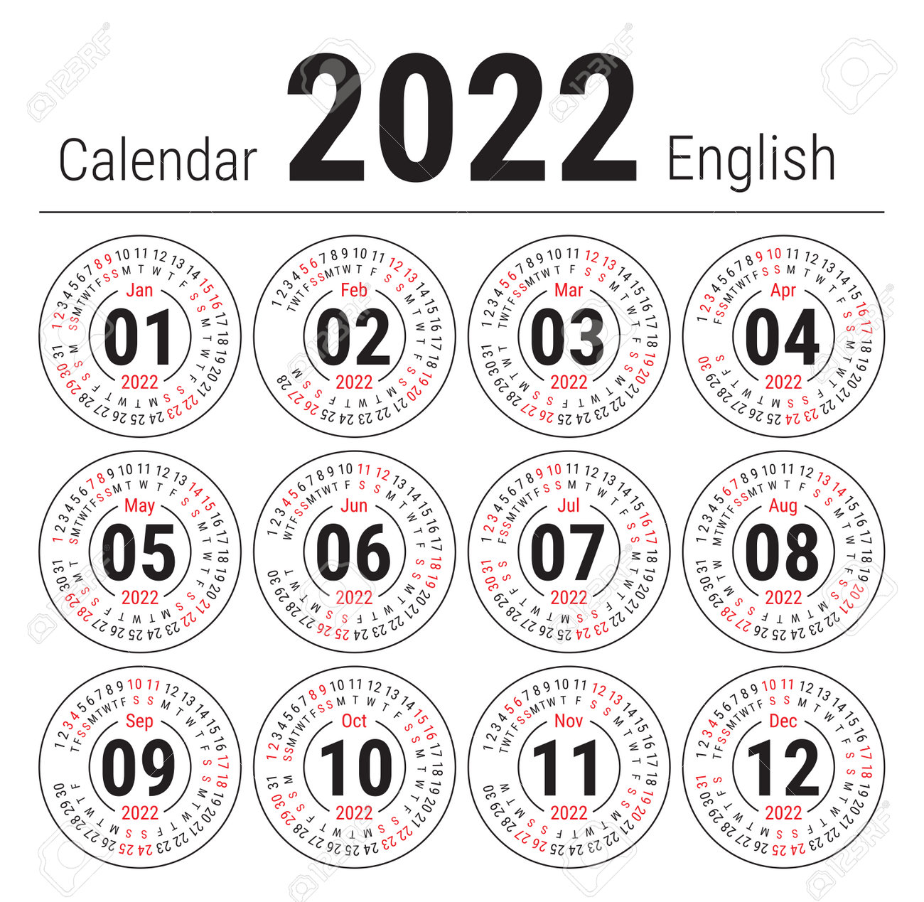 Calendar 2022. Vector English Round Calender. January, February, March,  April, May, June, July, August, September, October, November, December.  Sunday. Design Template. Circle Royalty Free Cliparts, Vectors, And Stock  Illustration. Image 162220594.