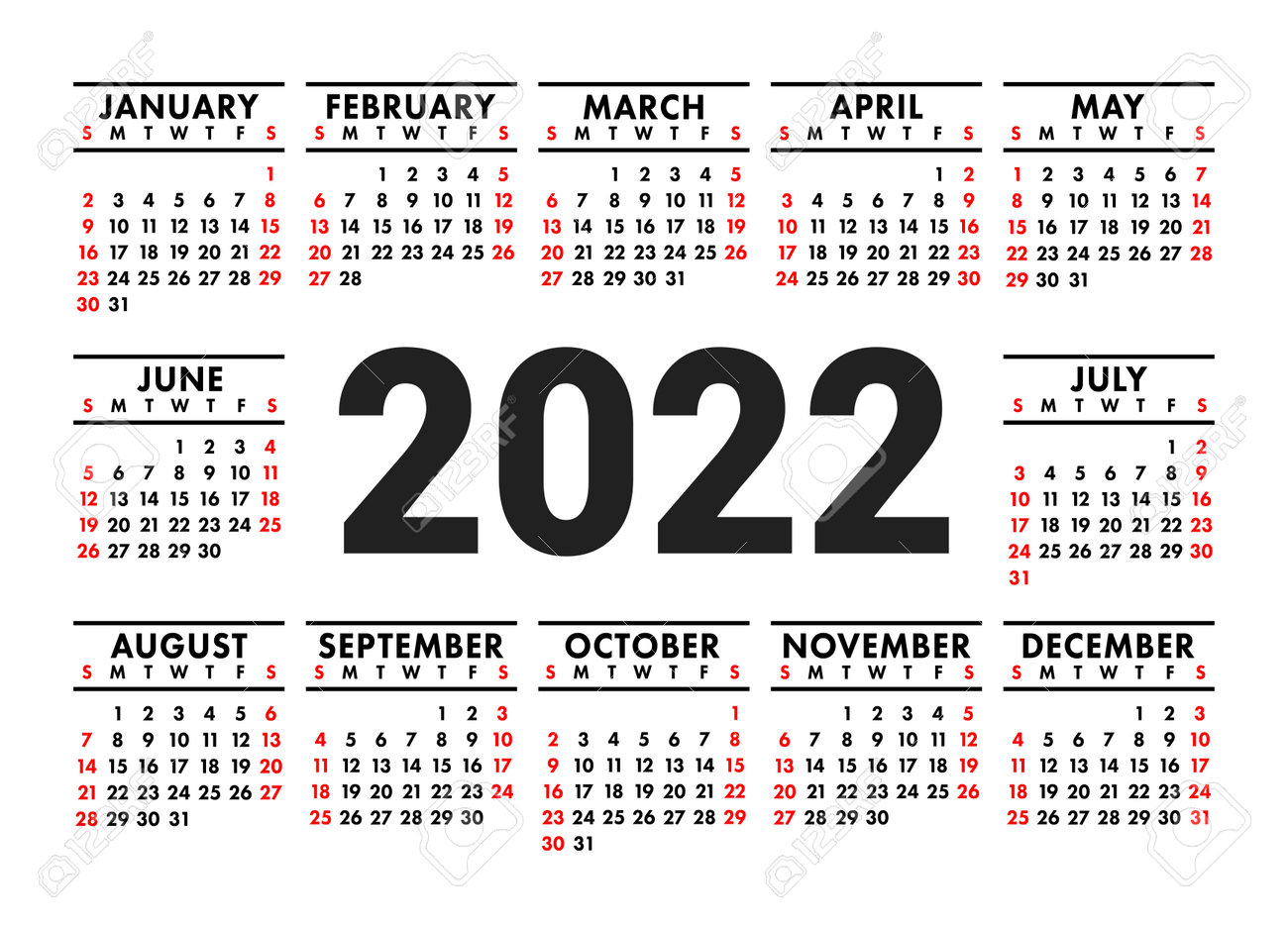 English Calendar 2022 Calendar 2022. English Vector Horizontal Wall Or Pocket Calender Template.  Black And Red Design. New Year. Week Starts On Sunday Royalty Free  Cliparts, Vectors, And Stock Illustration. Image 162496799.