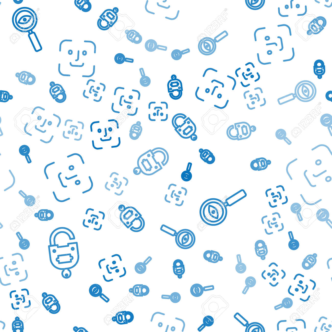 원활한 패턴 벡터에 라인 잠금 및 키 돋보기 검색 및 얼굴 인식 설정 로열티 무료 사진, 그림, 이미지 그리고 스톡포토그래피.  Image 166598977