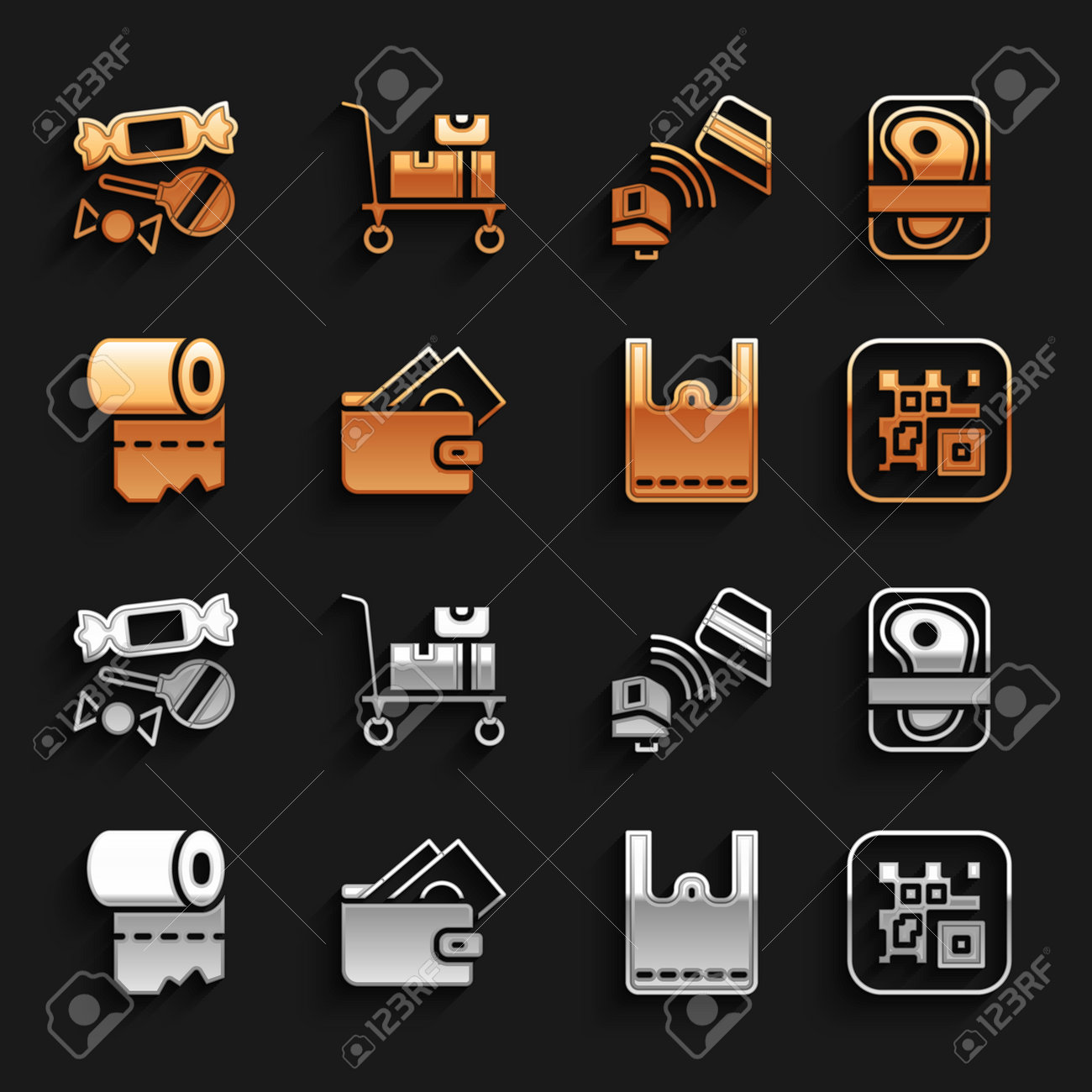 돈 고기 포장 스테이크 Qr 코드 종이 쇼핑백 화장지 롤 POS 터미널 신용 카드 사탕과 핸드 트럭 상자 아이콘 벡터로 지갑 설정  로열티 무료 사진, 그림, 이미지 그리고 스톡포토그래피. Image 172833951