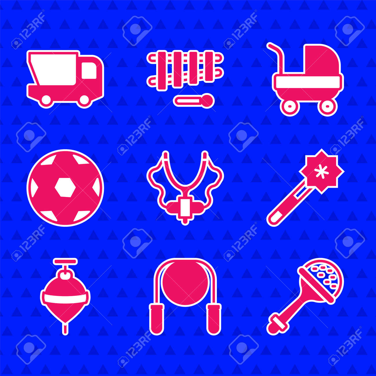 AI スリングショット スリングショット、縄跳び、ガラガラの赤ちゃんのおもちゃ、魔法の杖、Whirligig、サッカーサッカーボール、ベビーカー、おもちゃのトラックのアイコンを設定します。ベクターのイラスト素材・ベクター  Image 174709743