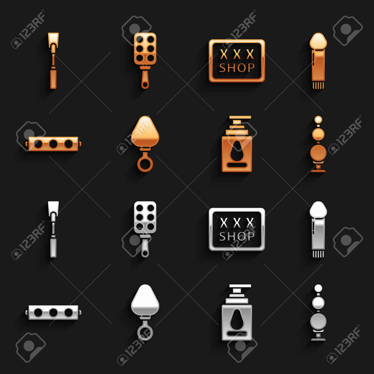 ハンドスパンキング アナルプラグ、ディルドバイブレーター、ビーズ、個人用潤滑剤、ベルト付きシリコンボールギャグ、風俗店、レザーホイップ、スパンキングパドルアイコンを設定します。ベクターのイラスト素材・ベクター Image 175972372