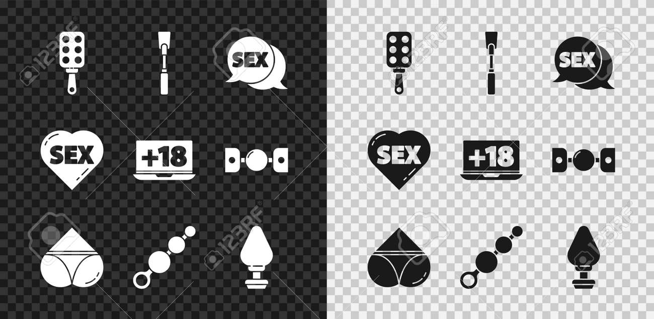 ハンドスパンキング スパンキングパドル、レザーホイップ、セックス付きスピーチバブル、女性のパンティー、アナルビーズ、プラグ、ハートテキスト、ラップトップ18プラスコンテンツアイコンを設定します。ベクターのイラスト素材・ベクター  Image 176312609