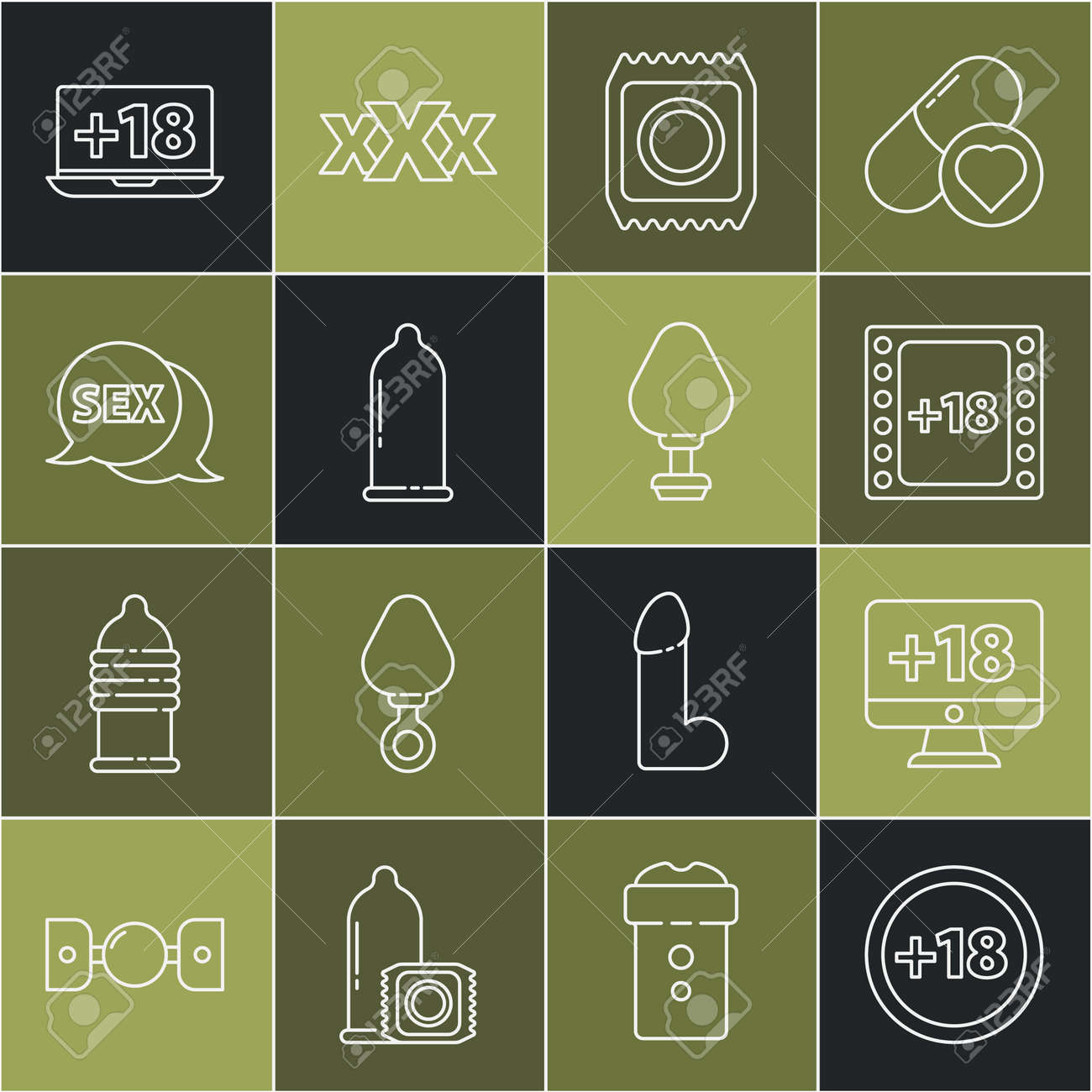 Set Line Plus 18 Movie, Monitor With Plus Content, Play Video, Condom In  Package Safe Sex, Speech Bubble Sex, Laptop And Anal Plug Icon. Vector  Royalty Free SVG, Cliparts, Vectors, and Stock