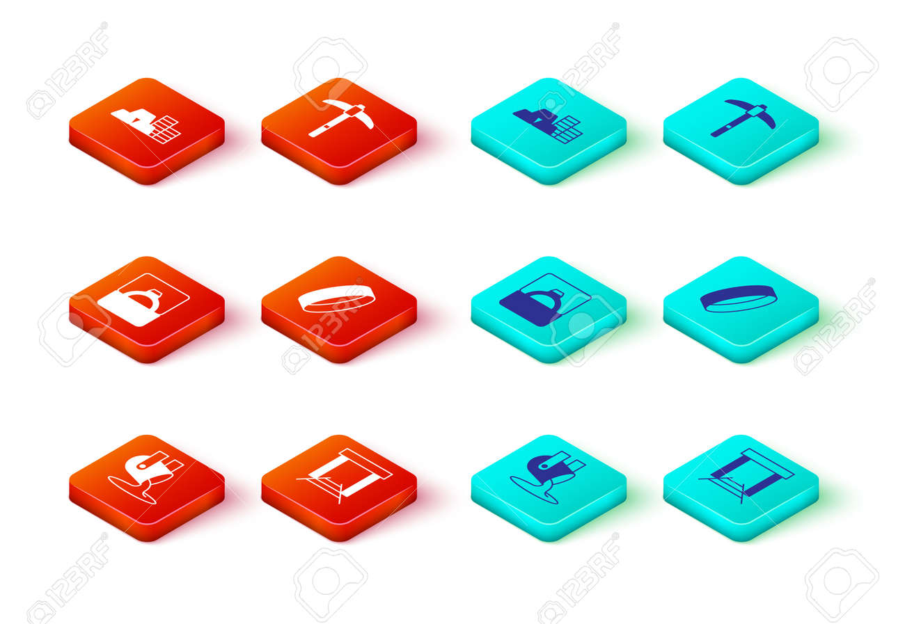 溶けた金を注ぐ、金の鉱山、ダイヤモンドの婚約指輪の箱、つるはし、棒のアイコンが付いたコインを設定します。ベクターのイラスト素材・ベクター Image  182737590