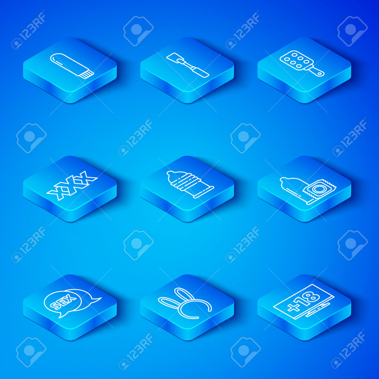 ハンドスパンキング セックス、コンドームの安全なセックス、長いウサギの耳のマスク、スパンキングパドル、ショップ、ディルド、モニター18プラスコンテンツアイコンでライン吹き出しを設定します。ベクトルのイラスト素材・ベクター Image 198517878