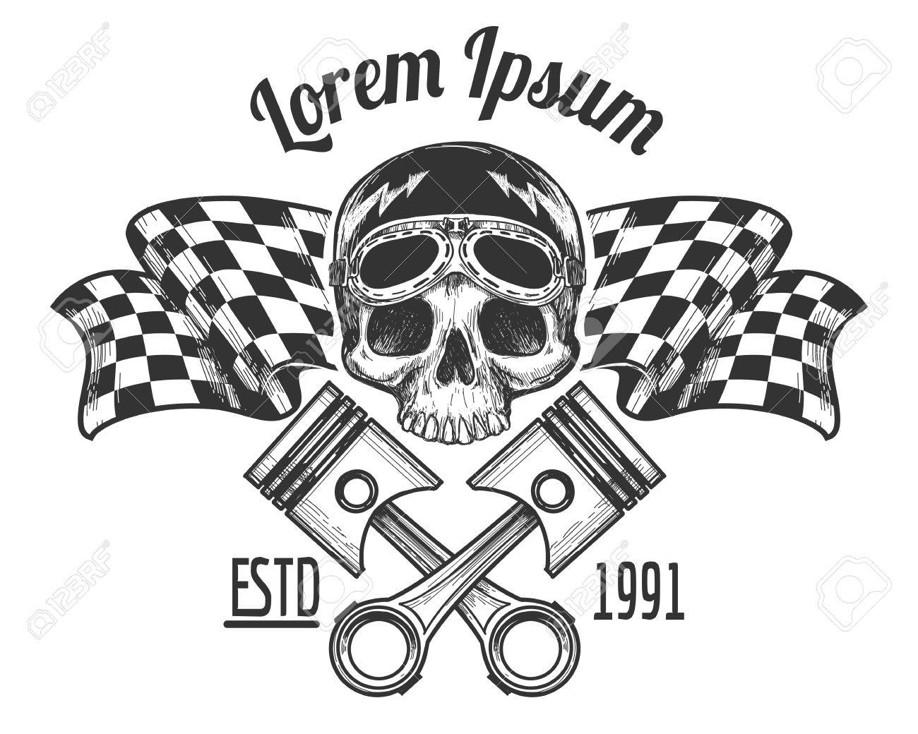vintage biker rider skull tattoo banner with racing checkered