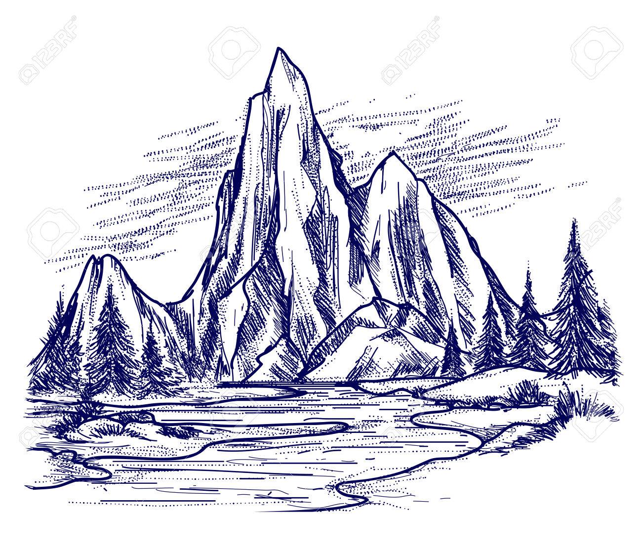 ball pen landscape sketch on white background sketch of river background sketch