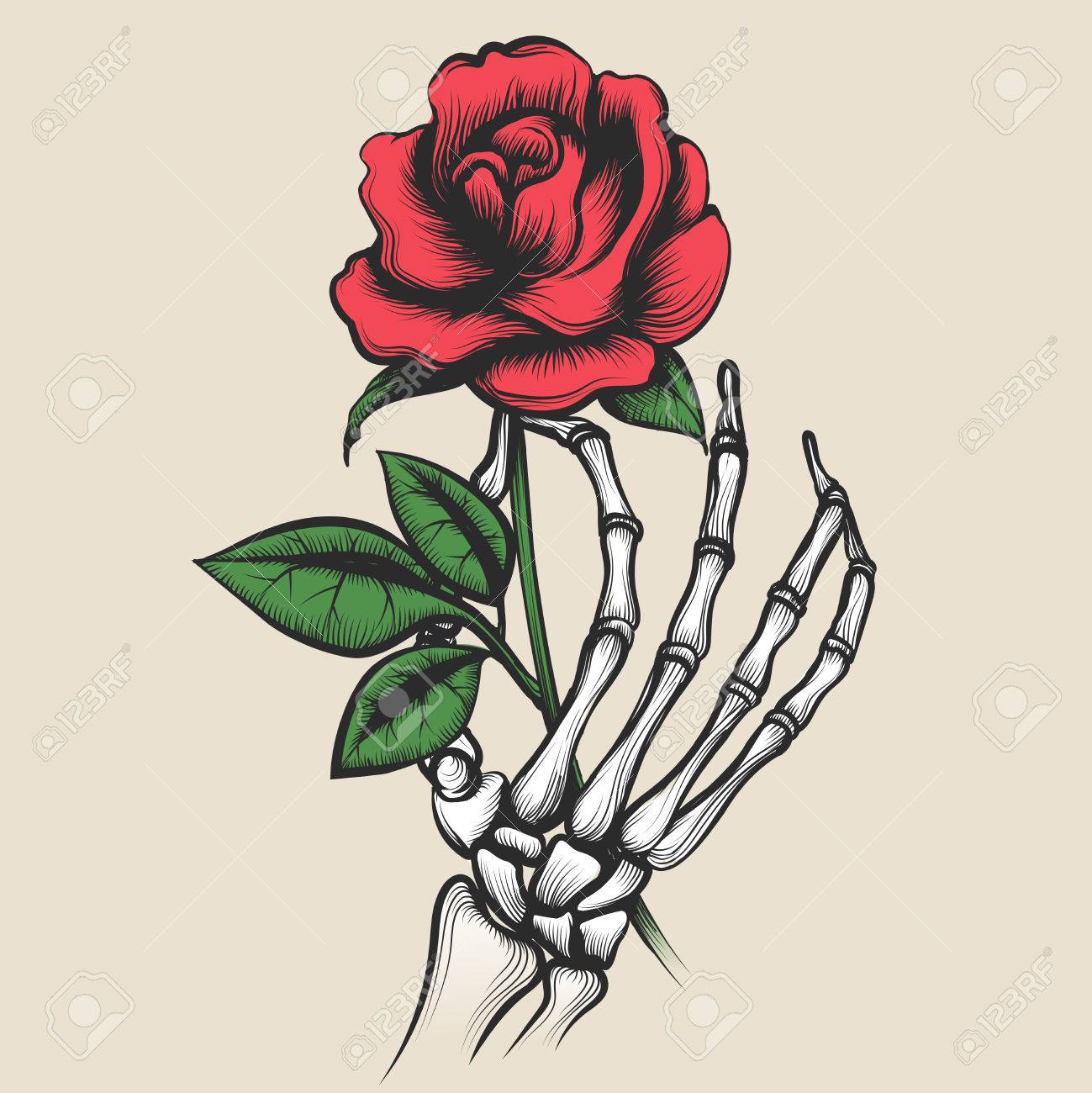 Esqueleto Con Rosa Estilo Tatuaje. Red Rosebud En Hueso Dedos Ilustración Ilustraciones Svg, Vectoriales, Clip Art Vectorizado Libre De Derechos. Image