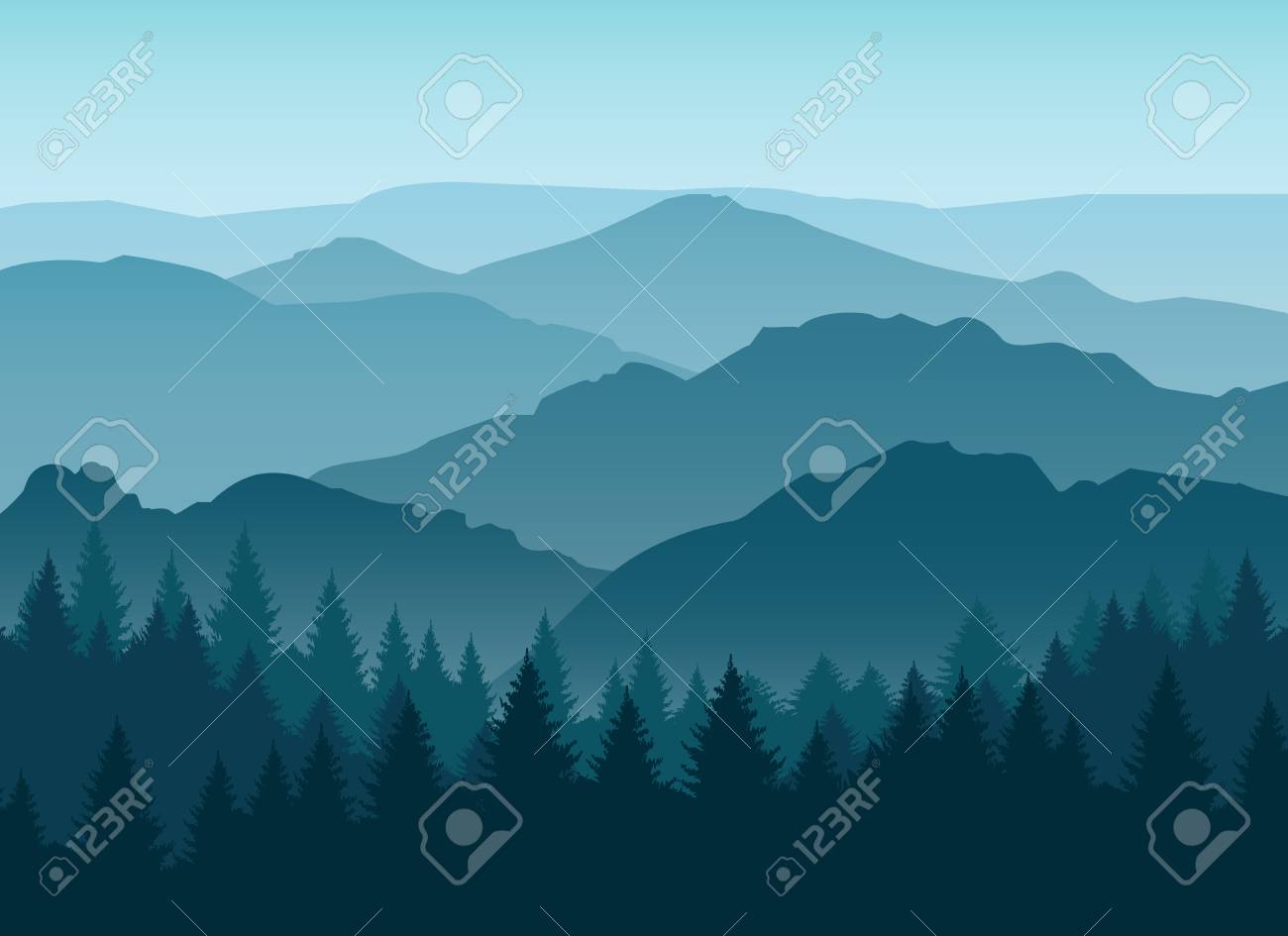 Vector misty or smokey blue mountain silhouettes background. Morning layered mountains with mist - 87567847 Vector misty or smokey blue mountain silhouettes background. Morning layered mountains with mist - 87567847
