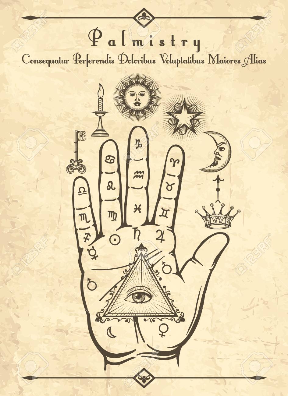 Vintage palmistry. Esoteric occult symbols on hand, palm of prophecy retro vector illustration - 103268909 Vintage palmistry. Esoteric occult symbols on hand, palm of prophecy retro vector illustration - 103268909