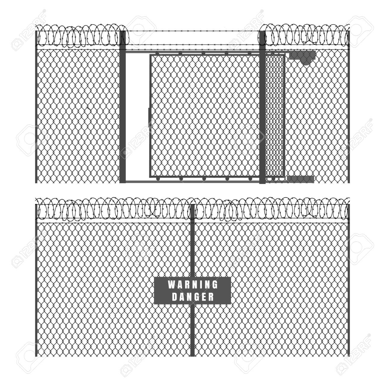Security fence and gate. Metal fences with barbed wire isolated on white background, vector wires chain link mesh protection inclosure - 124330635 Security fence and gate. Metal fences with barbed wire isolated on white background, vector wires chain link mesh protection inclosure - 124330635