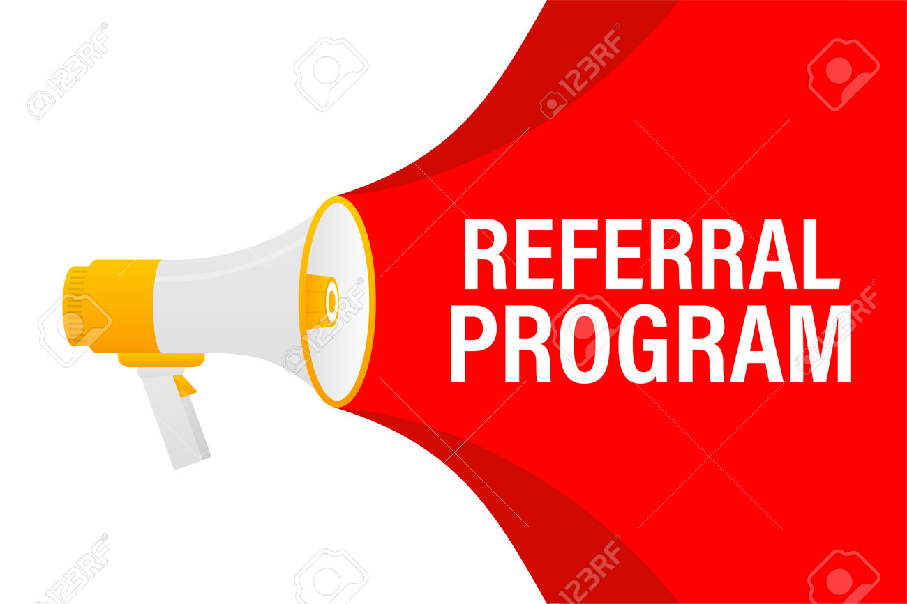 Referral program megaphone red banner in 3D style on white background. Vector illustration. - 160622385 Referral program megaphone red banner in 3D style on white background. Vector illustration. - 160622385