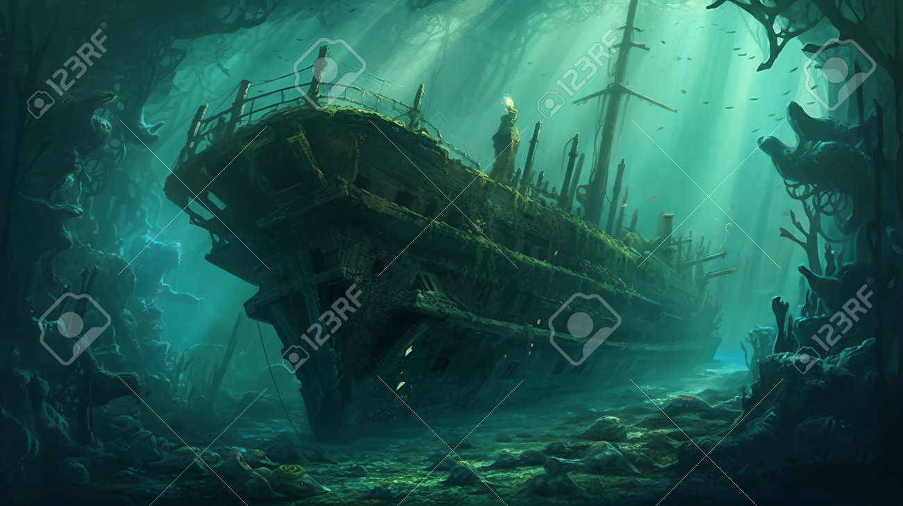 海底の沈没船。ジェネレーティブ AIの写真素材・画像素材 Image 205669310