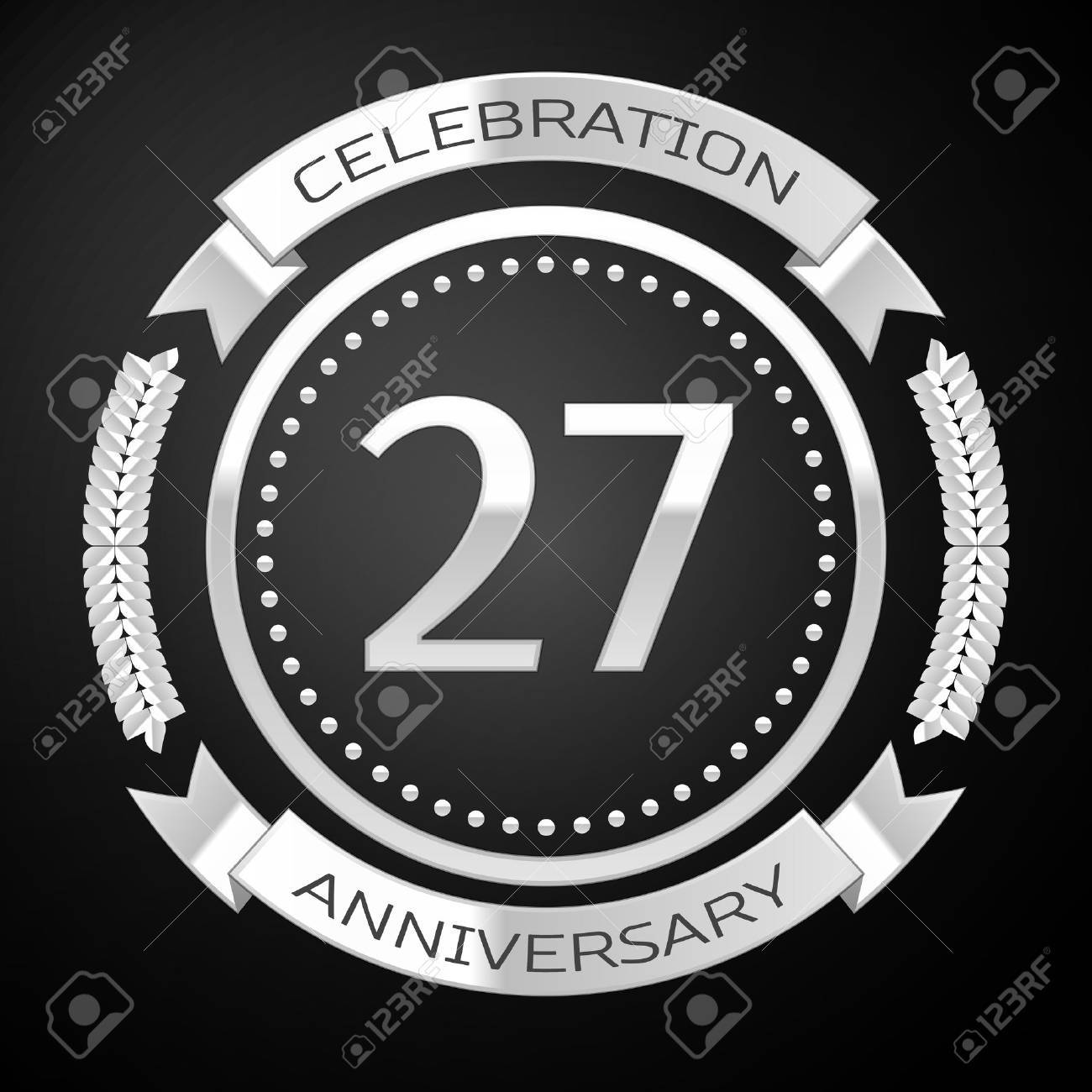 Twenty seven years anniversary celebration with silver ring and ribbon on black background. Vector illustration - 68889970 Twenty seven years anniversary celebration with silver ring and ribbon on black background. Vector illustration - 68889970