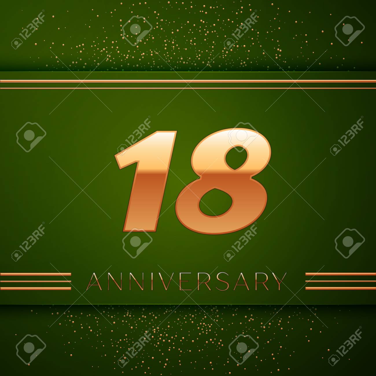 リアルな 18 年周年記念式典 ゴールデンの数字と緑の背景に金色の紙吹雪 あなたの誕生日パーティーのためのカラフルなベクトル テンプレート要素のイラスト素材 ベクタ Image