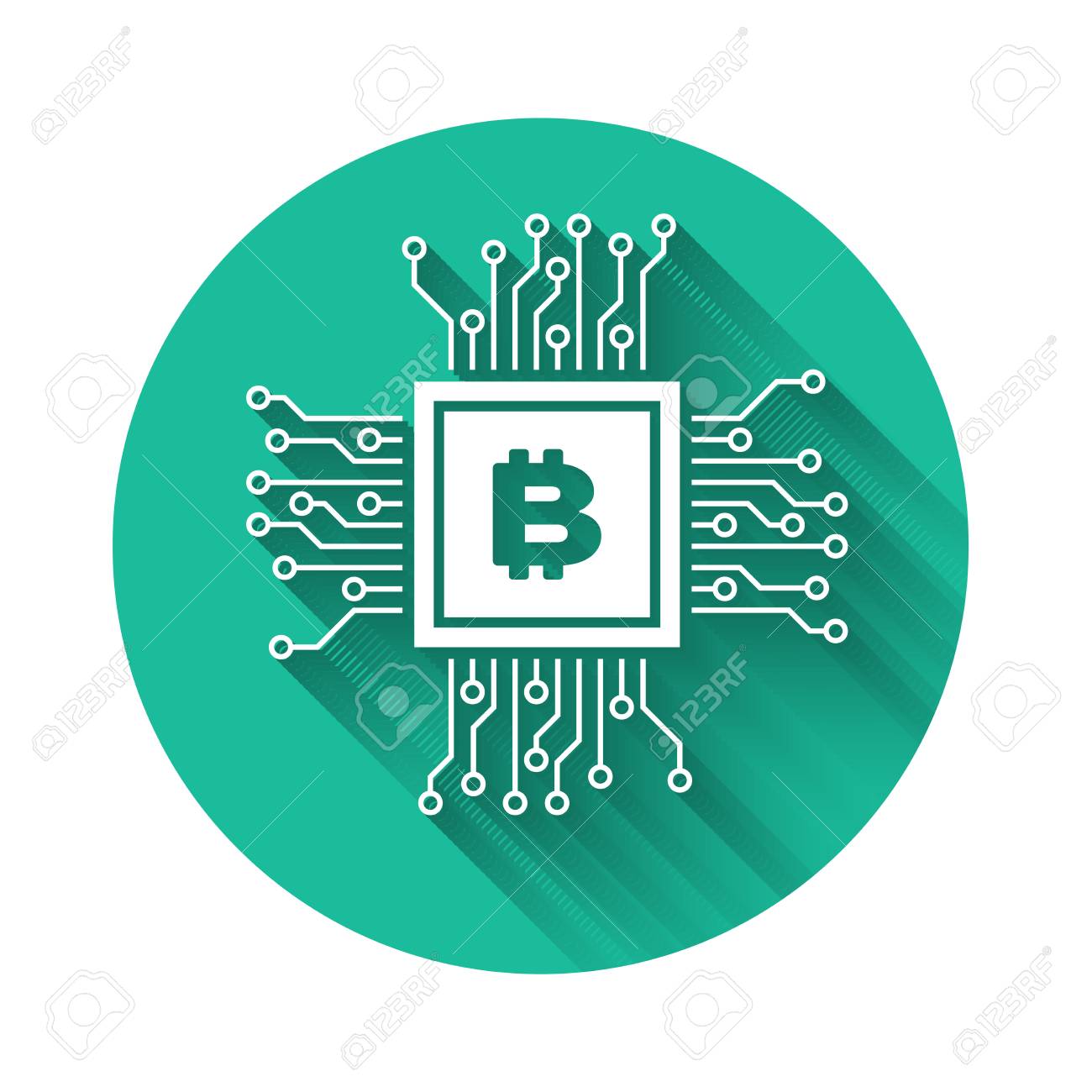 White CPU Mining Farm Icon Isolated With Long Shadow. Bitcoin Sign Inside  Processor. Cryptocurrency Mining Community. Digital Money. Green Circle  Button. Vector Illustration Royalty Free SVG, Cliparts, Vectors, and Stock  Illustration. Image