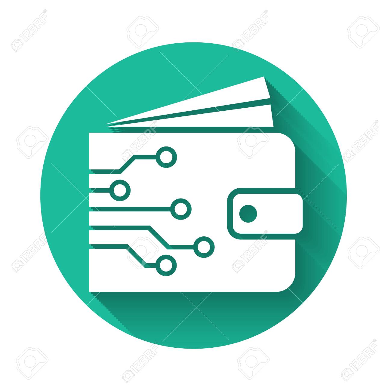 긴 그림자로 격리된 흰색 암호 화폐 지갑 아이콘입니다. 지갑 및 비트코인 기호입니다. 광업 개념입니다. 돈, 지불, 현금, 지불 아이콘입니다.  녹색 원 버튼입니다. 벡터 일러스트 레이 션 로열티 무료 사진, 그림, 이미지 그리고