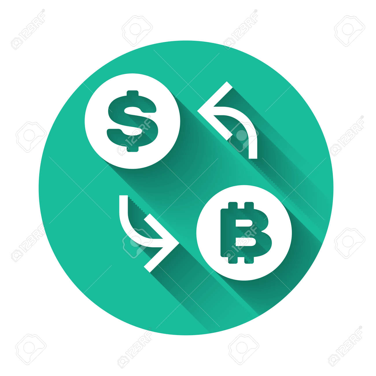 White Cryptocurrency Exchange Icon Isolated With Long Shadow. Bitcoin To Dollar  Exchange Icon. Cryptocurrency Technology, Mobile Banking. Green Circle  Button. Vector Illustration Royalty Free SVG, Cliparts, Vectors, and Stock  Illustration. Image 121532548.