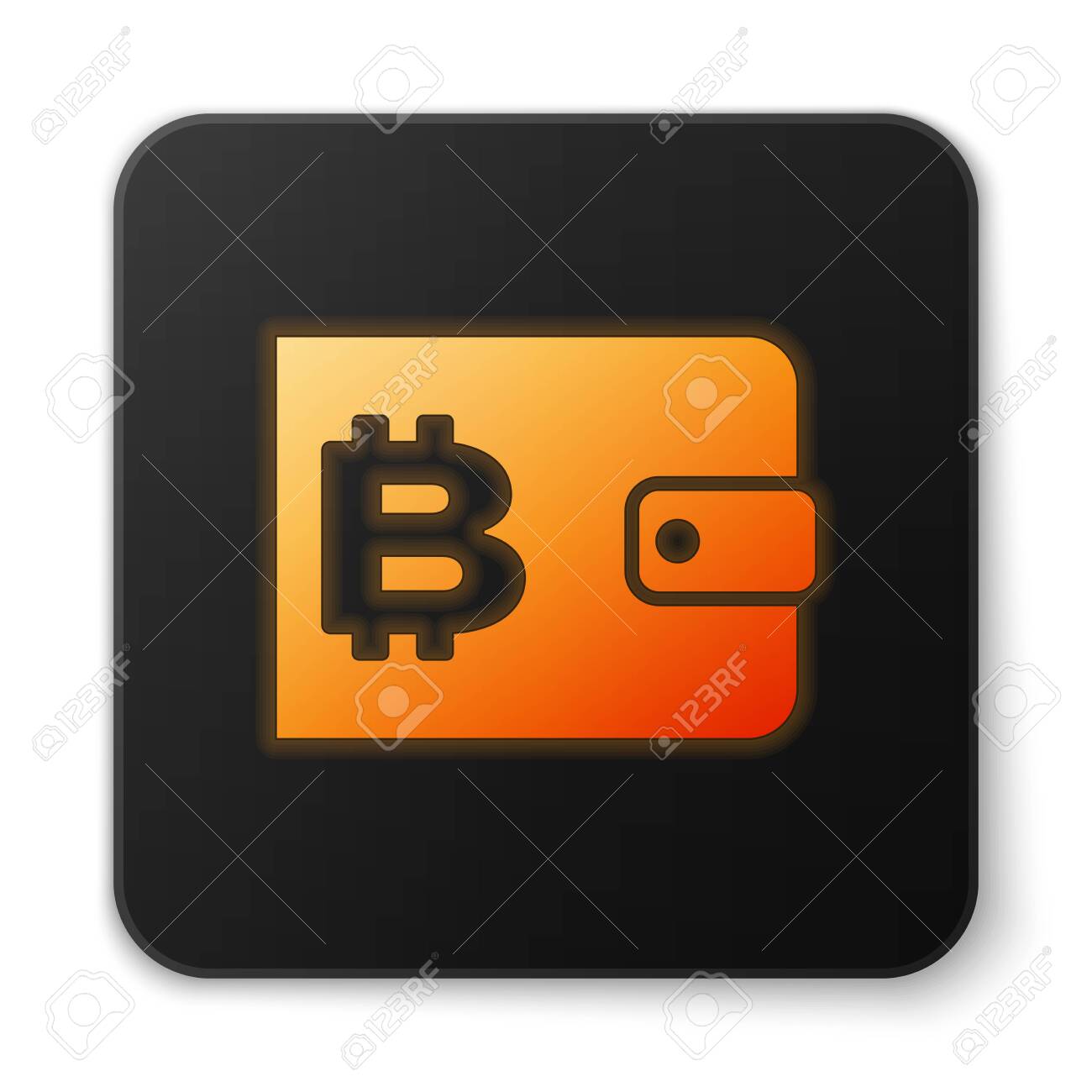 Orange Glowing Cryptocurrency Wallet Icon Isolated On White Background.  Wallet And Bitcoin Sign. Mining Concept. Money, Payment, Cash, Pay Icon.  Black Square Button. Vector Illustration Royalty Free SVG, Cliparts,  Vectors, and Stock
