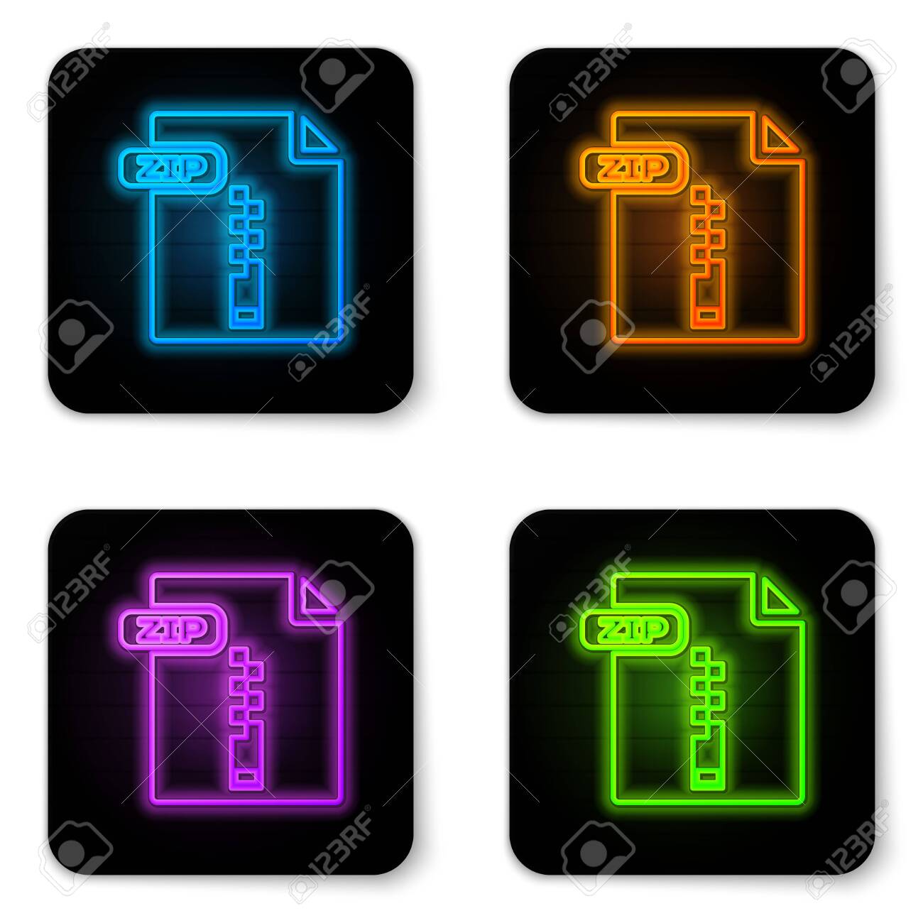 Glowing Neon ZIP File Document. Download Zip Button Icon Isolated.