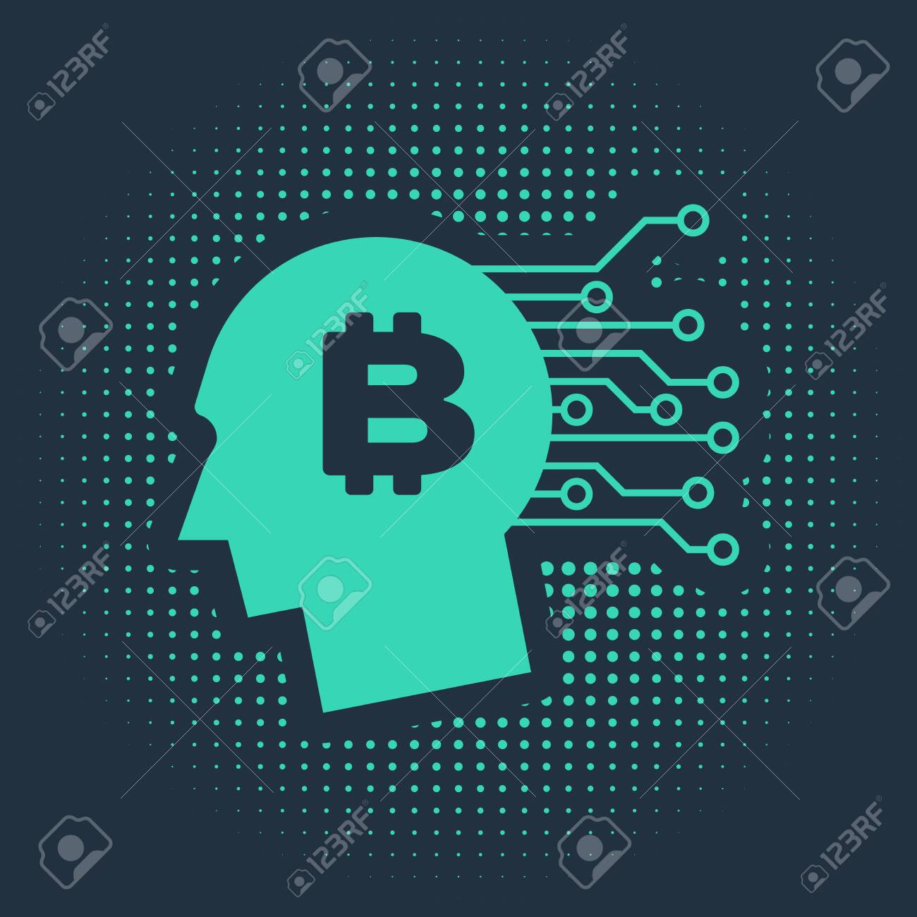 Green Bitcoin Think Icon Isolated On Blue Background. Cryptocurrency Head.  Blockchain Technology, Bitcoin, Digital Money Market, Cryptocoin Wallet.  Abstract Circle Random Dots. Vector Illustration Royalty Free SVG,  Cliparts, Vectors, and Stock ...