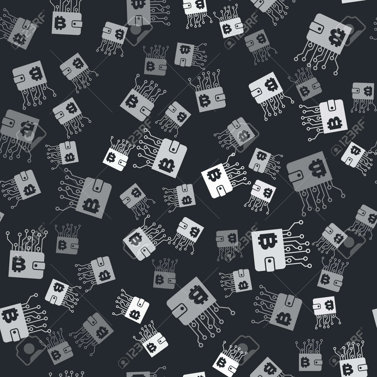 灰色の暗号通貨ウォレットアイコンは、黒の背景にシームレスなパターンを分離しました。財布とビットコインのサイン。マイニングの概念。お金、支払い、現金、支払いアイコン。ベクトルイラストのイラスト素材・ベクター  Image 134306235