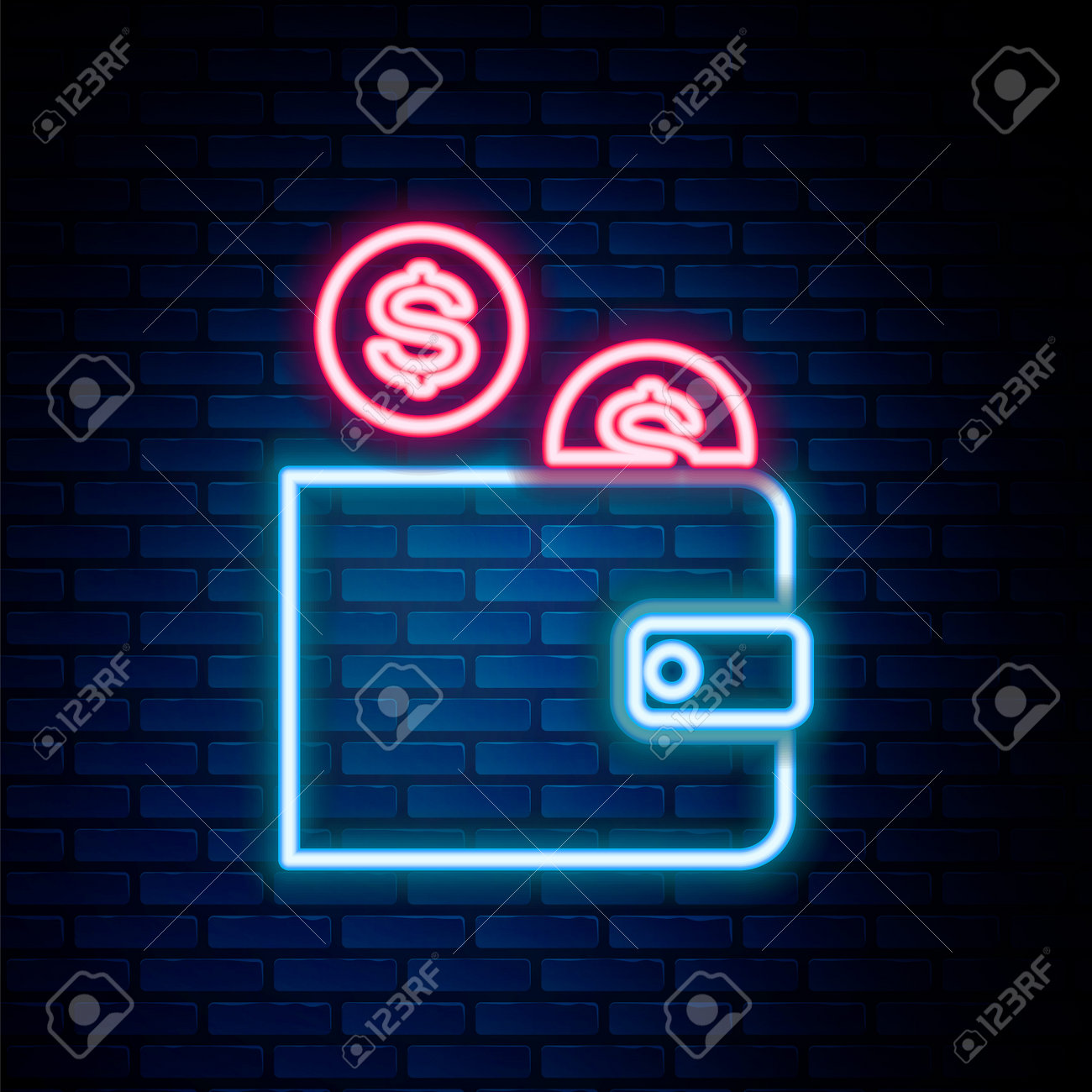 벽돌 벽 배경에 동전 아이콘이 분리된 빛나는 네온 라인 지갑. 돈 지갑. 동전 달러 기호입니다. 다채로운 개요 개념입니다. 벡터 로열티  무료 사진, 그림, 이미지 그리고 스톡포토그래피. Image 161792138