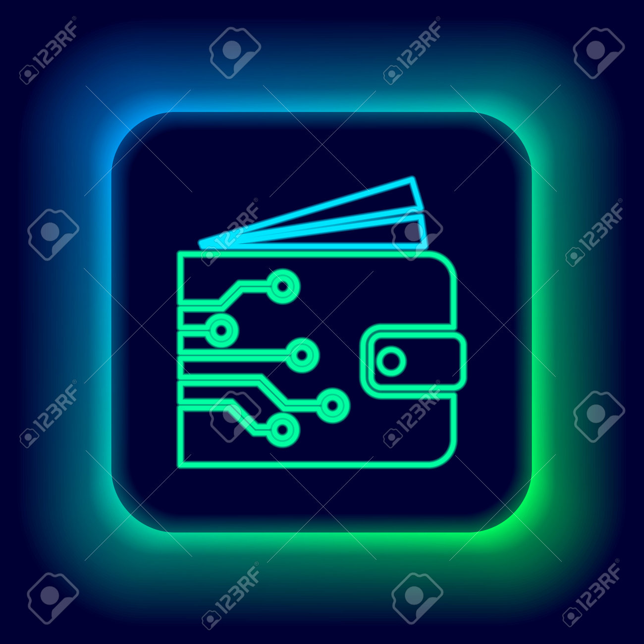 Glowing Neon Line Cryptocurrency Wallet Icon Isolated On Black Background.  Wallet And Bitcoin Sign. Mining Concept. Money, Payment, Cash, Pay Icon.  Colorful Outline Concept. Vector Royalty Free SVG, Cliparts, Vectors, and  Stock
