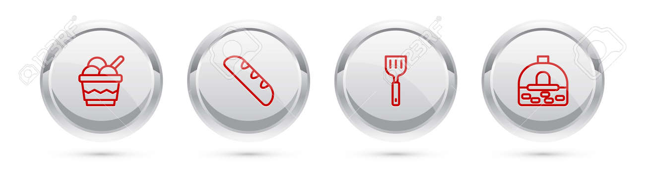 Set line Ice cream in bowl, French baguette bread, Spatula and Brick stove. Silver circle button. Vector - 164274561 Set line Ice cream in bowl, French baguette bread, Spatula and Brick stove. Silver circle button. Vector - 164274561