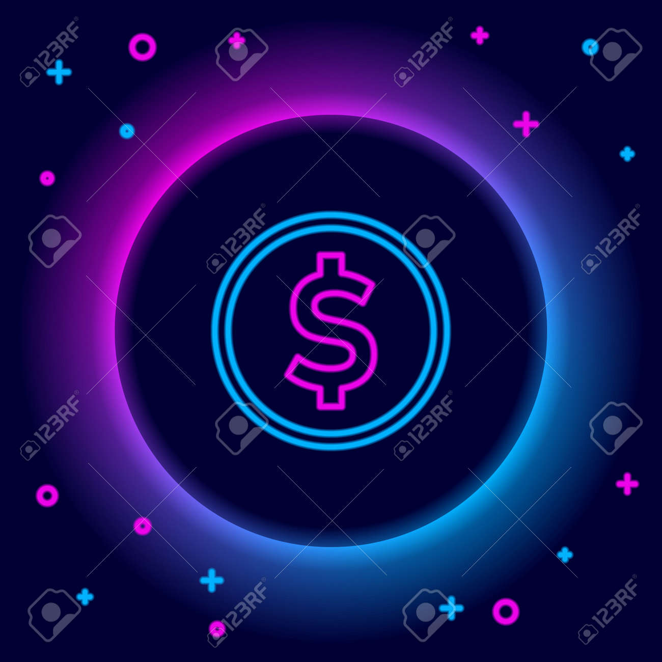 검정색 배경 은행 통화 기호 현금 기호 다채로운 개요 개념 벡터에 격리된 달러 기호 아이콘이 있는 빛나는 네온 라인 동전 돈 로열티  무료 사진, 그림, 이미지 그리고 스톡포토그래피. Image 166799181