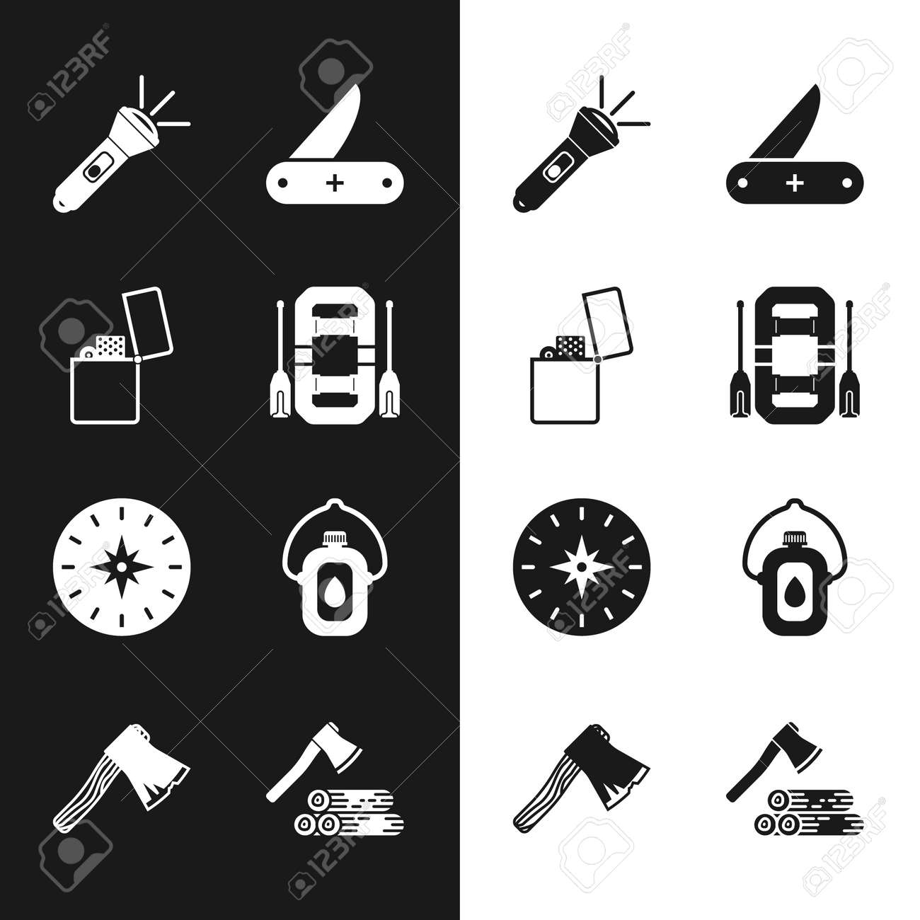 Set Rafting boat, Lighter, Flashlight, Compass, Canteen water bottle, Wooden axe and wood and Old wooden icon. Vector - 171781050 Set Rafting boat, Lighter, Flashlight, Compass, Canteen water bottle, Wooden axe and wood and Old wooden icon. Vector - 171781050