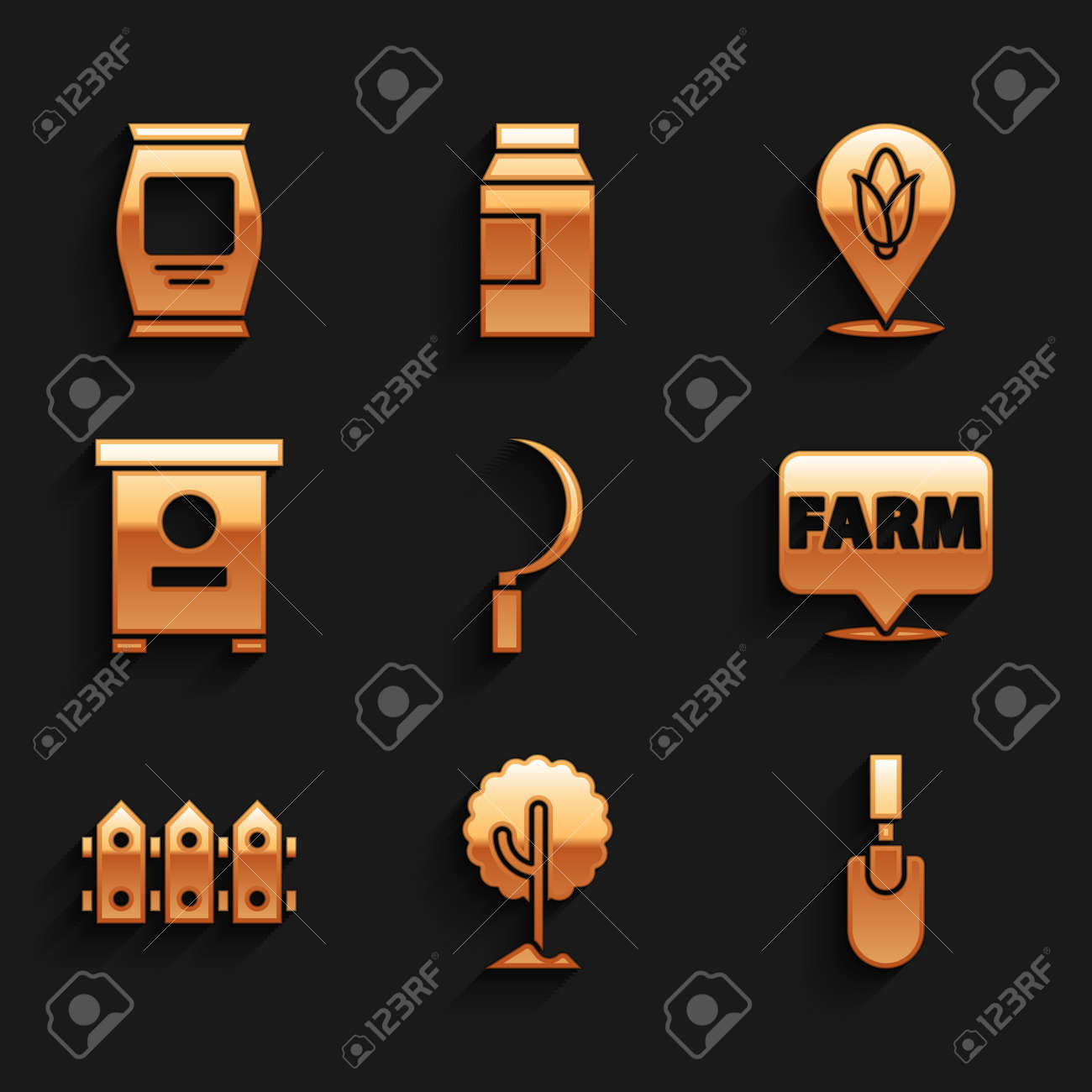 Set Sickle, Tree, Garden trowel spade or shovel, Location farm, fence wooden, Hive for bees, corn and Fertilizer bag icon. Vector - 171781120 Set Sickle, Tree, Garden trowel spade or shovel, Location farm, fence wooden, Hive for bees, corn and Fertilizer bag icon. Vector - 171781120