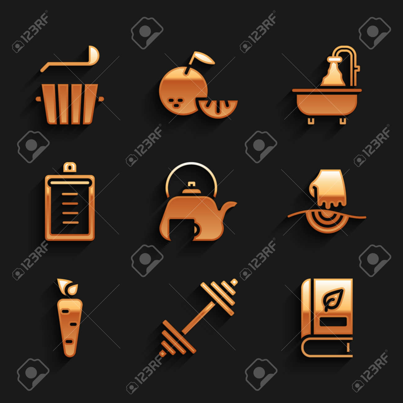 Set Teapot with cup, Dumbbell, Medical book, Massage, Carrot, Clipboard checklist, Bathtub and Sauna bucket and ladle icon. Vector - 171781080 Set Teapot with cup, Dumbbell, Medical book, Massage, Carrot, Clipboard checklist, Bathtub and Sauna bucket and ladle icon. Vector - 171781080