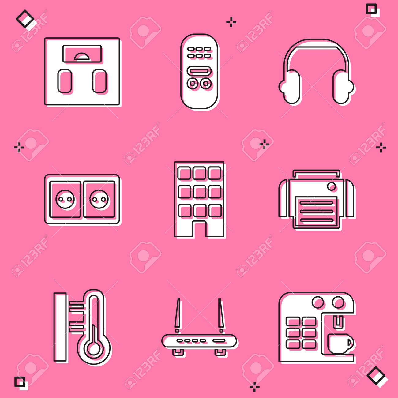 Set Bathroom scales, Remote control, Headphones, Electrical outlet, House, Printer, Meteorology thermometer and Router and wifi signal icon. Vector - 171781013 Set Bathroom scales, Remote control, Headphones, Electrical outlet, House, Printer, Meteorology thermometer and Router and wifi signal icon. Vector - 171781013